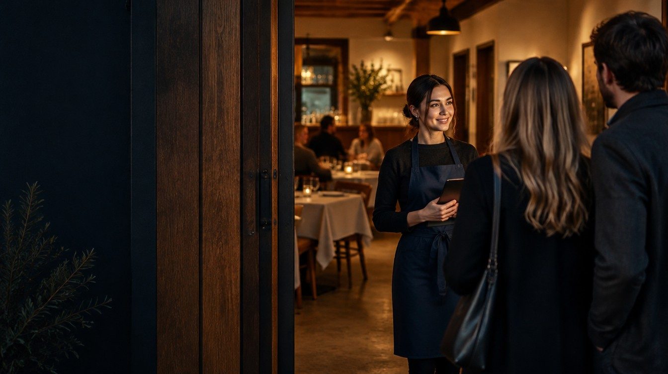A host welcoming guests into a restaurant