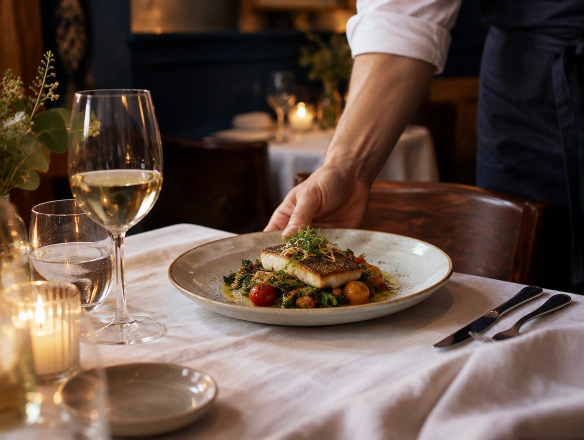 A server placing a dish on a restaurant table